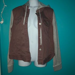 burgundy and grey jacket